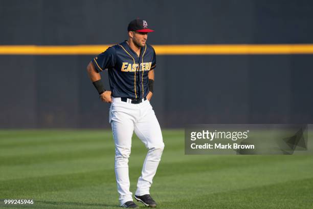 Tim Tebow of the Eastern Division All-Stars warming up and stretching before the 2018 Eastern League All Star Game at Arm & Hammer Park on July 11,...