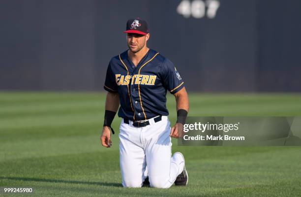 Tim Tebow of the Eastern Division All-Stars warming up and stretching before the 2018 Eastern League All Star Game at Arm & Hammer Park on July 11,...