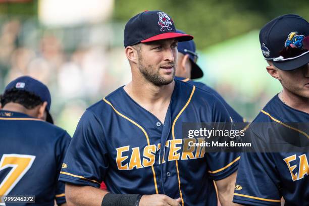 Tim Tebow of the Eastern Division All-Stars in action during the 2018 Eastern League All Star Game at Arm & Hammer Park on July 11, 2018 in Trenton,...