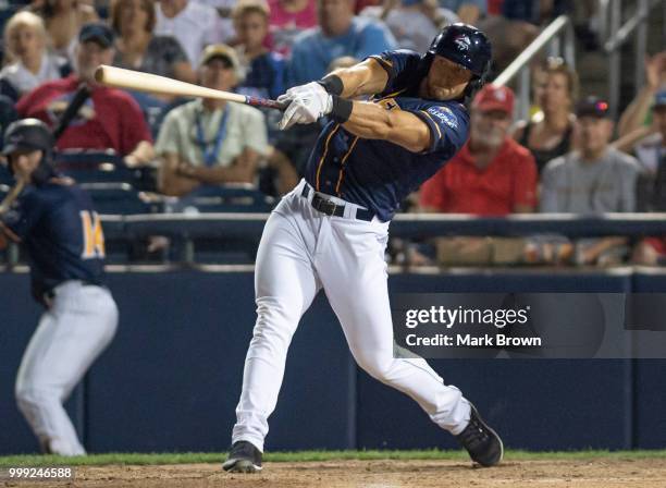 Tim Tebow of the Eastern Division All-Stars in action during the 2018 Eastern League All Star Game at Arm & Hammer Park on July 11, 2018 in Trenton,...