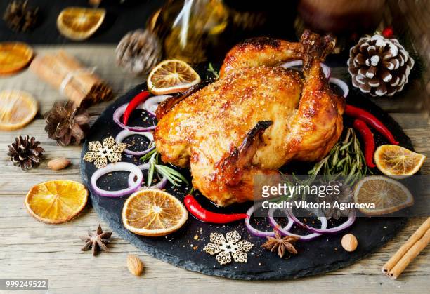 baked turkey for christmas or new year space for text - christmas table turkey stock-fotos und bilder
