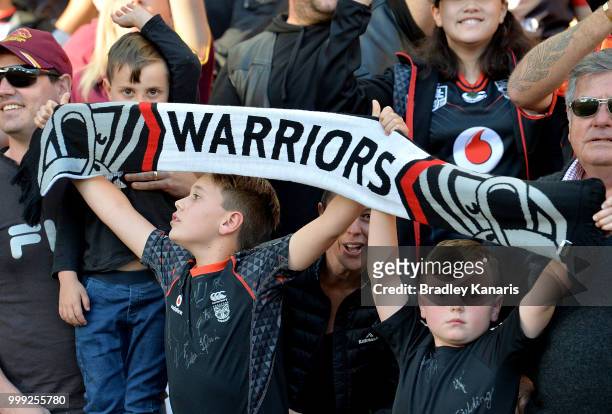 Warriors fans show their support during the round 18 NRL match between the Brisbane Broncos and the New Zealand Warriors at Suncorp Stadium on July...