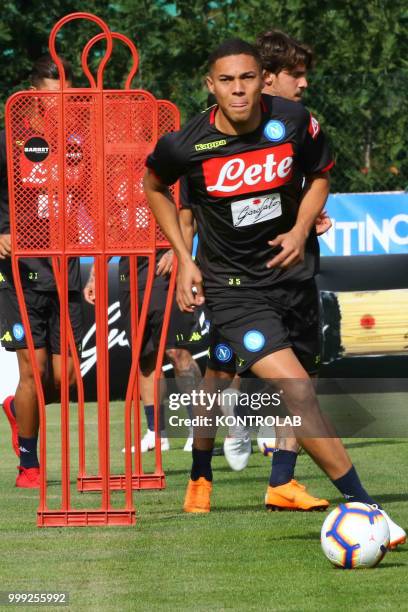 Napoli's Brazilian striker Vinicius runs during the pre-season praparation on July 13 2018 at Carciato pitch.