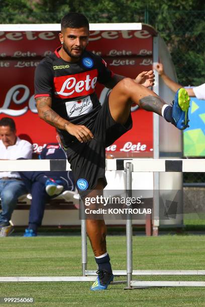 Napoli's Italian striker Lorenzo Insigne is training during the pre-season praparation on July 13 2018 at Carciato pitch.