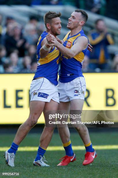 Mark LeCras of the Eagles celebrates a goal during the round 17 AFL match between the Collingwood Magpies and the West Coast Eagles at Melbourne...