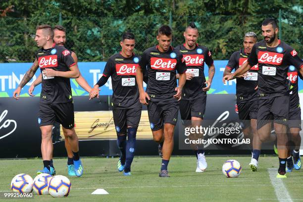 Fromn L to R: Napoli's Croatian midfielder Marko Rog, Napoli's Italian defender Lorenzo Tonelli, Napoli's Spanish striker Jose Maria Callejon,...