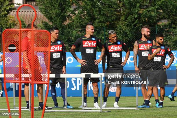 From L to R: Napoli's Spanish striker Jose Maria Callejon,Napoli's Slovakian midfielder Marek Hamsik, Napoli's Brazilian midfielder Allan, Napoli's...