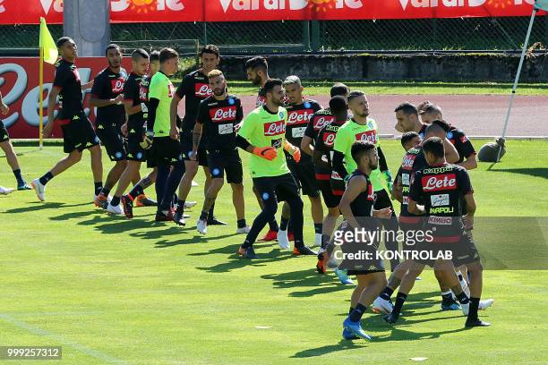 AAc Napoli's players train during the pre-season praparation on July 13 2018 at Carciato pitch.