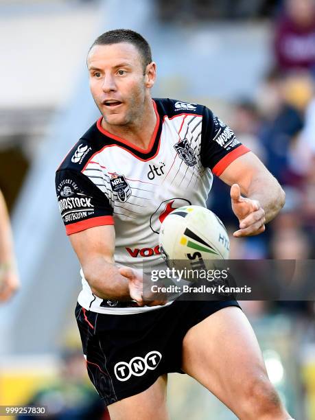 Blake Green of the Warriors passes the ball during the round 18 NRL match between the Brisbane Broncos and the New Zealand Warriors at Suncorp...