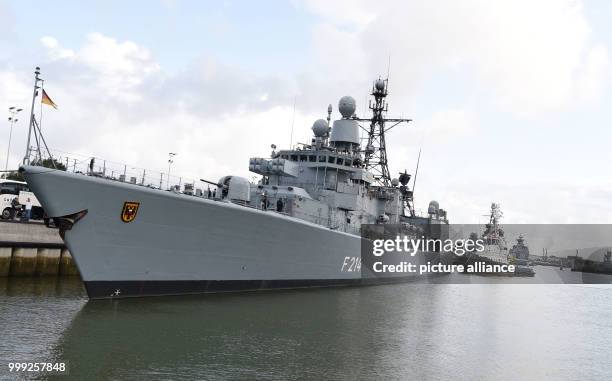 The frigate "Luebeck" docked in the quay before it sets off from the naval base in Wilhelmshaven, Germany, 21 August 2017. The ship is taking part in...