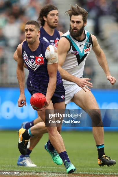 Stephen Hill of the Dockers looks to pass the ball during the round 17 AFL match between the Fremantle Dockers and the Port Adelaide Power at Optus...