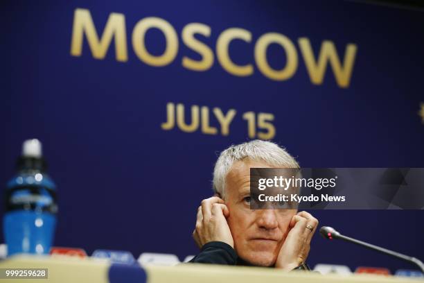 France national football team coach Didier Deschamps attends a press conference at Luzhniki Stadium in Moscow on July 14 ahead of the 2018 World Cup...