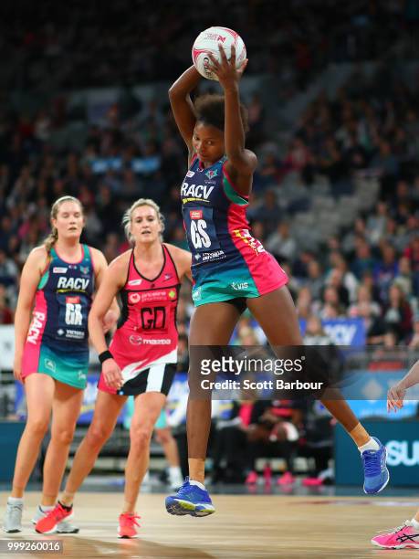 Mwai Kumwenda of the Vixens competes for the ball during the round 11 Super Netball match between the Vixens and the Thunderbirds at Hisense Arena on...