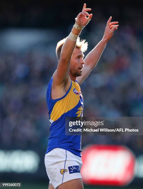 Mark LeCras of the Eagles celebrates during the 2018 AFL round 17 match between the Collingwood Magpies and the West Coast Eagles at the Melbourne...