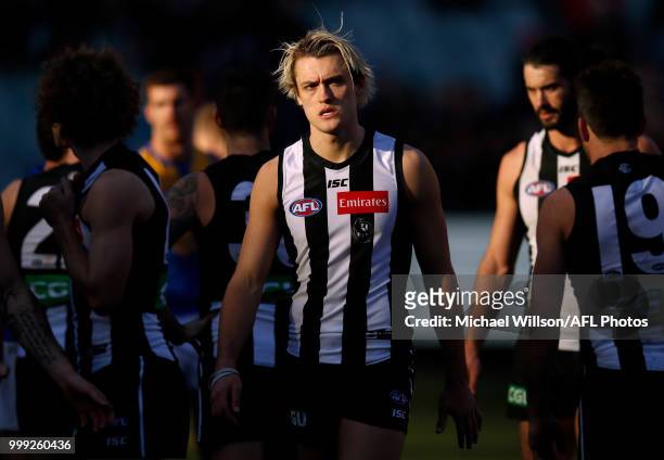 Darcy Moore of the Magpies looks dejected after a loss during the 2018 AFL round 17 match between the Collingwood Magpies and the West Coast Eagles...