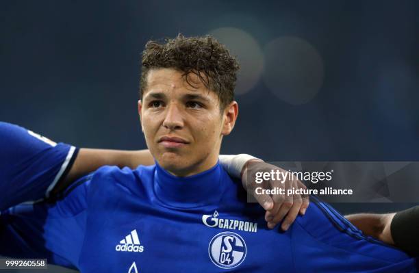 Amine Harit of Schalke celebrates with the fans after the German Bundesliga football match between FC Schalke 04 and RB Leipzig at the Veltins Arena...