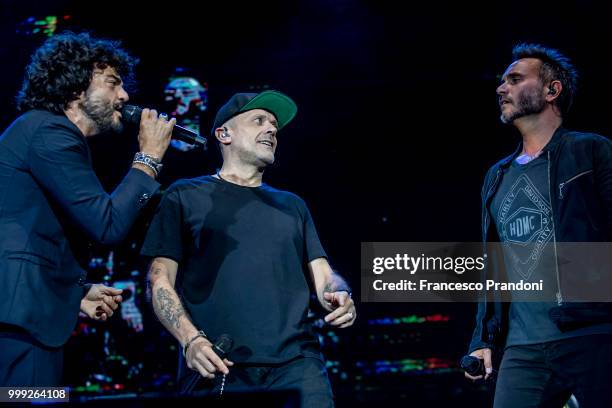 Francesco Renga,Max Pezzali and Nek of MNR perform on stage during Lucca Summer Festival at Piazza Napoleone on July 14, 2018 in Lucca, Italy.