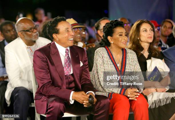 Smokey Robinson and Frances Robinson attend the HollyRod 20th Annual DesignCare at Cross Creek Farm on July 14, 2018 in Malibu, California.