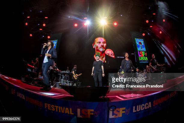 Francesco Renga,Max Pezzali and Nek of MNR perform on stage during Lucca Summer Festival at Piazza Napoleone on July 14, 2018 in Lucca, Italy.