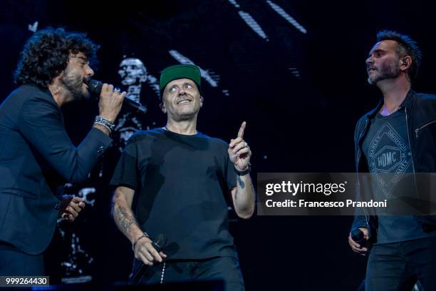 Francesco Renga,Max Pezzali and Nek of MNR perform on stage during Lucca Summer Festival at Piazza Napoleone on July 14, 2018 in Lucca, Italy.