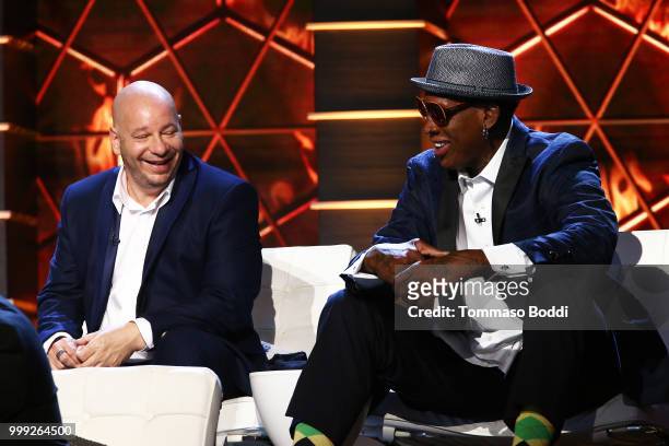 Jeff Ross and Dennis Rodman attend the Comedy Central Roast Of Bruce Willis on July 14, 2018 in Los Angeles, California.