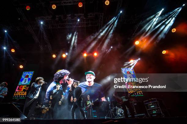 Francesco Renga,Max Pezzali and Nek of MNR perform on stage during Lucca Summer Festival at Piazza Napoleone on July 14, 2018 in Lucca, Italy.