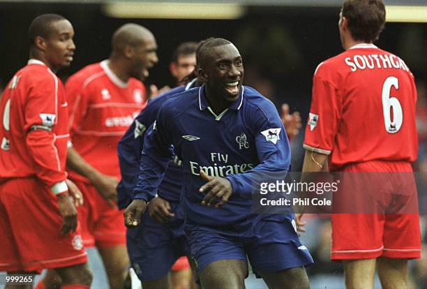 Jimmy Floyd Hasselbaink of Chelsea celebrates scoring the second goal during the FA Barclaycard Premiership match between Chelsea and Middlesbrough...
