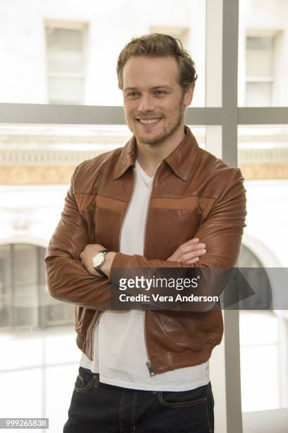 Sam Heughan at "The Spy Who Dumped Me" Press Conference at the Langham Hotel on July 13, 2018 in New York City.