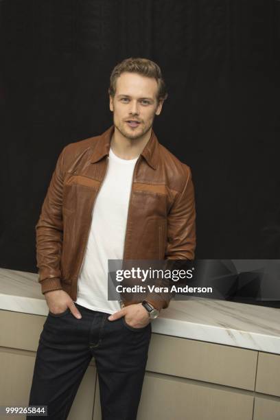 Sam Heughan at "The Spy Who Dumped Me" Press Conference at the Langham Hotel on July 13, 2018 in New York City.