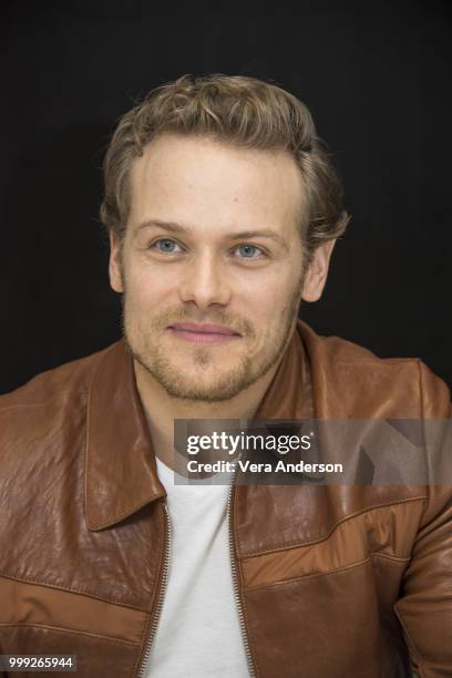 Sam Heughan at "The Spy Who Dumped Me" Press Conference at the Langham Hotel on July 13, 2018 in New York City.