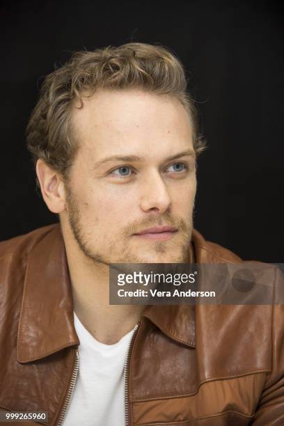Sam Heughan at "The Spy Who Dumped Me" Press Conference at the Langham Hotel on July 13, 2018 in New York City.