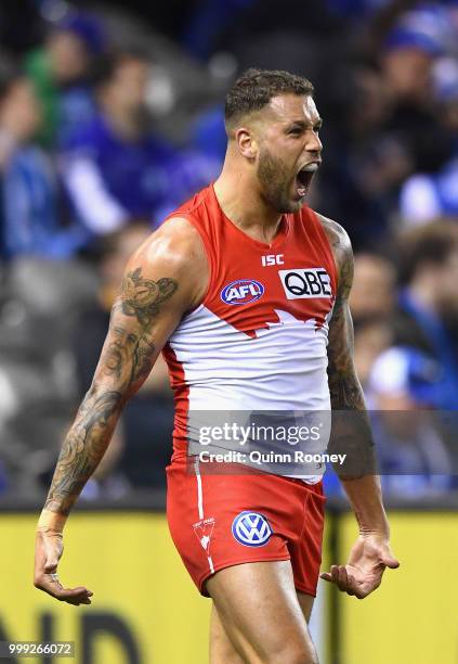 Lance Franklin of the Swans celebrates kicking a goal during the round 17 AFL match between the North Melbourne Kangaroos and the Sydney Swans at...