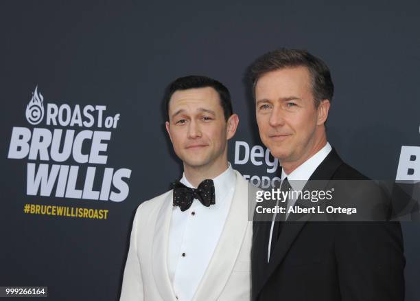 Actors Joseph Gordon-Levitt and Edward Norton arrive for the Comedy Central Roast Of Bruce Willis held at Hollywood Palladium on July 14, 2018 in Los...