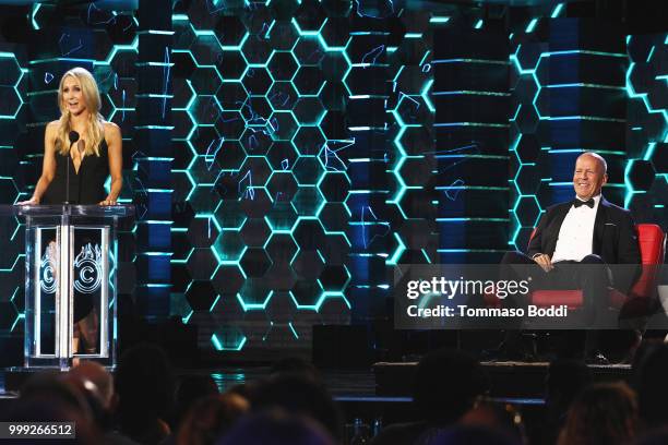 Nikki Glaser and Bruce Willis attend the Comedy Central Roast Of Bruce Willis on July 14, 2018 in Los Angeles, California.