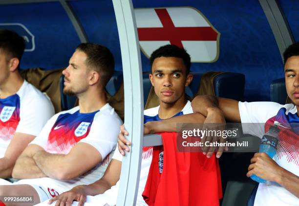 Trent Alexander-Arnold of England on the bench before the 2018 FIFA World Cup Russia 3rd Place Playoff match between Belgium and England at Saint...