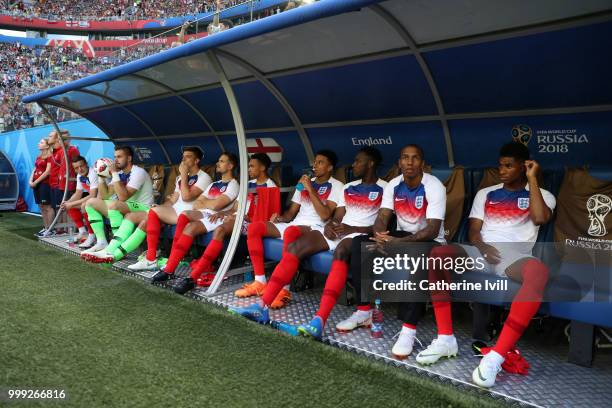 The England subsitutes bench with Marcus Rashford, Ashley Young, Danny Welbeck, Jesse Lingard, Jordan Henderson, Jack Butland and Jamie Vardy before...