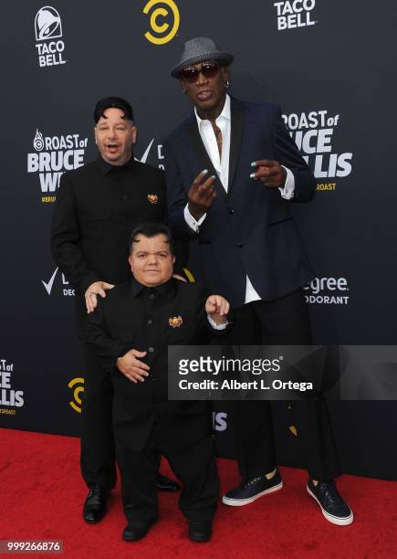 Comic Jeff Ross and basketball player Dennis Rodman arrive for the Comedy Central Roast Of Bruce Willis held at Hollywood Palladium on July 14, 2018...
