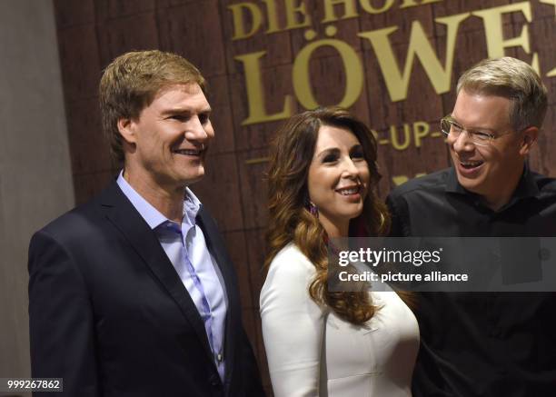 Carsten Maschmeyer, Judith Williams and Frank Thelen, investors on the German television show 'The Lions' Den', at a press conference in Cologne,...