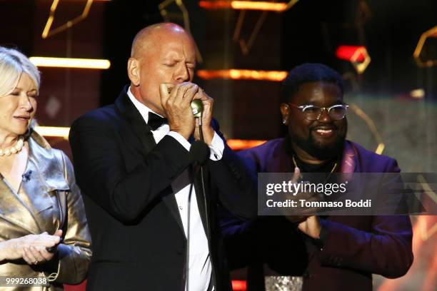 Bruce Willis and Lil Rel Howery attend the Comedy Central Roast Of Bruce Willis on July 14, 2018 in Los Angeles, California.