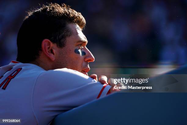 Ian Kinsler of the Los Angeles Angels of Anaheim looks on during the MLB game against the Los Angeles Dodgers at Dodger Stadium on July 14, 2018 in...