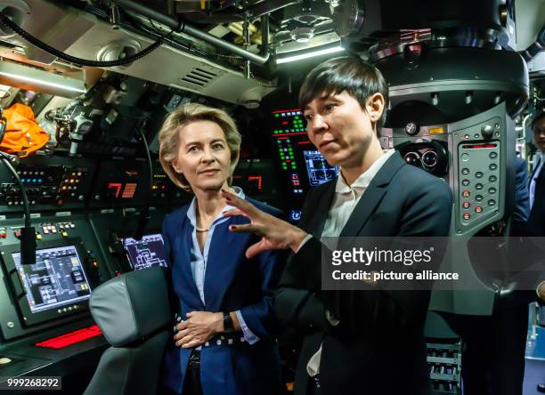 German defence minister Ursula von der Leyen with her Norwegian counterpart Ine Marie Eriksen inside the U34 submarine during a visit to the German...