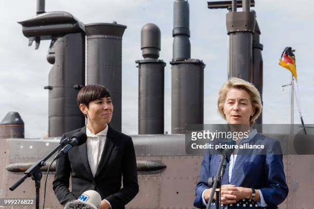 German defence minister Ursula von der Leyen with her Norwegian counterpart Ine Marie Eriksen during a visit to the German naval and submarine...