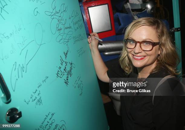 Amy Poehler poses backstage at the hit musical based on the film "Mean Girls" on Broadway at The August Wilson Theatre on July 14, 2018 in New York...