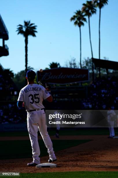 Cody Bellinger of the Los Angeles Dodgers in action during the MLB game against the Los Angeles Angels at Dodger Stadium on July 14, 2018 in Los...