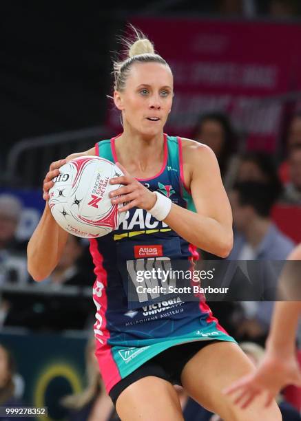 Renae Ingles of the Vixens competes for the ball during the round 11 Super Netball match between the Vixens and the Thunderbirds at Hisense Arena on...