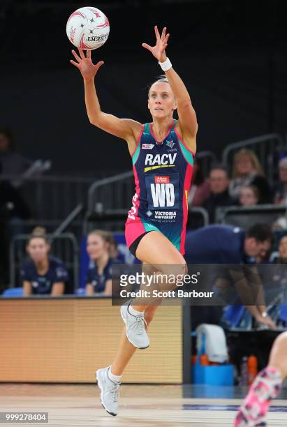 Renae Ingles of the Vixens competes for the ball during the round 11 Super Netball match between the Vixens and the Thunderbirds at Hisense Arena on...