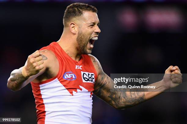 Lance Franklin of the Swans celebrates winning the round 17 AFL match between the North Melbourne Kangaroos and the Sydney Swans at Etihad Stadium on...