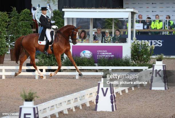 The Portuguese dressage rider Boaventura Freire on horse Sai Baba Plus in action during the dressage Grand Prix at the European Equestrian...