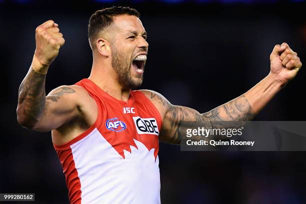 Lance Franklin of the Swans celebrates winning the round 17 AFL match between the North Melbourne Kangaroos and the Sydney Swans at Etihad Stadium on...