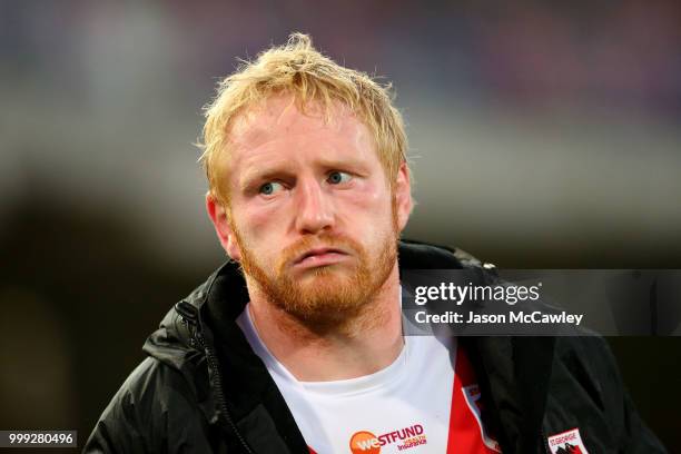 James Graham of the Dragons looks on during the round 18 NRL match between the St George Illawarra Dragons and the Wests Tigers at UOW Jubilee Oval...